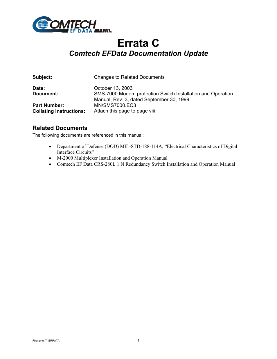 Errata c, Comtech efdata documentation update | Comtech EF Data SMS-7000 User Manual | Page 7 / 148