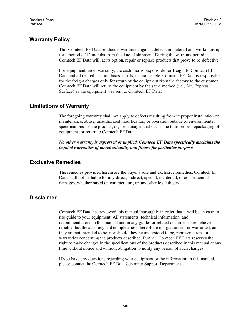 Warranty policy, Limitations of warranty, Exclusive remedies | Disclaimer | Comtech EF Data UB-530 User Manual | Page 10 / 28