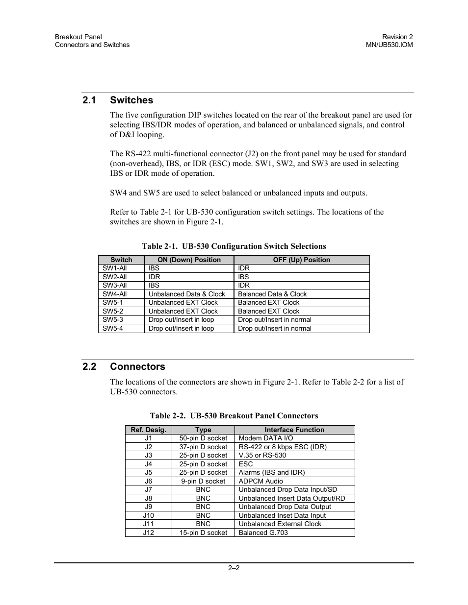 Switches, Connectors, 1 switches | 2 connectors | Comtech EF Data UB-530 User Manual | Page 14 / 28