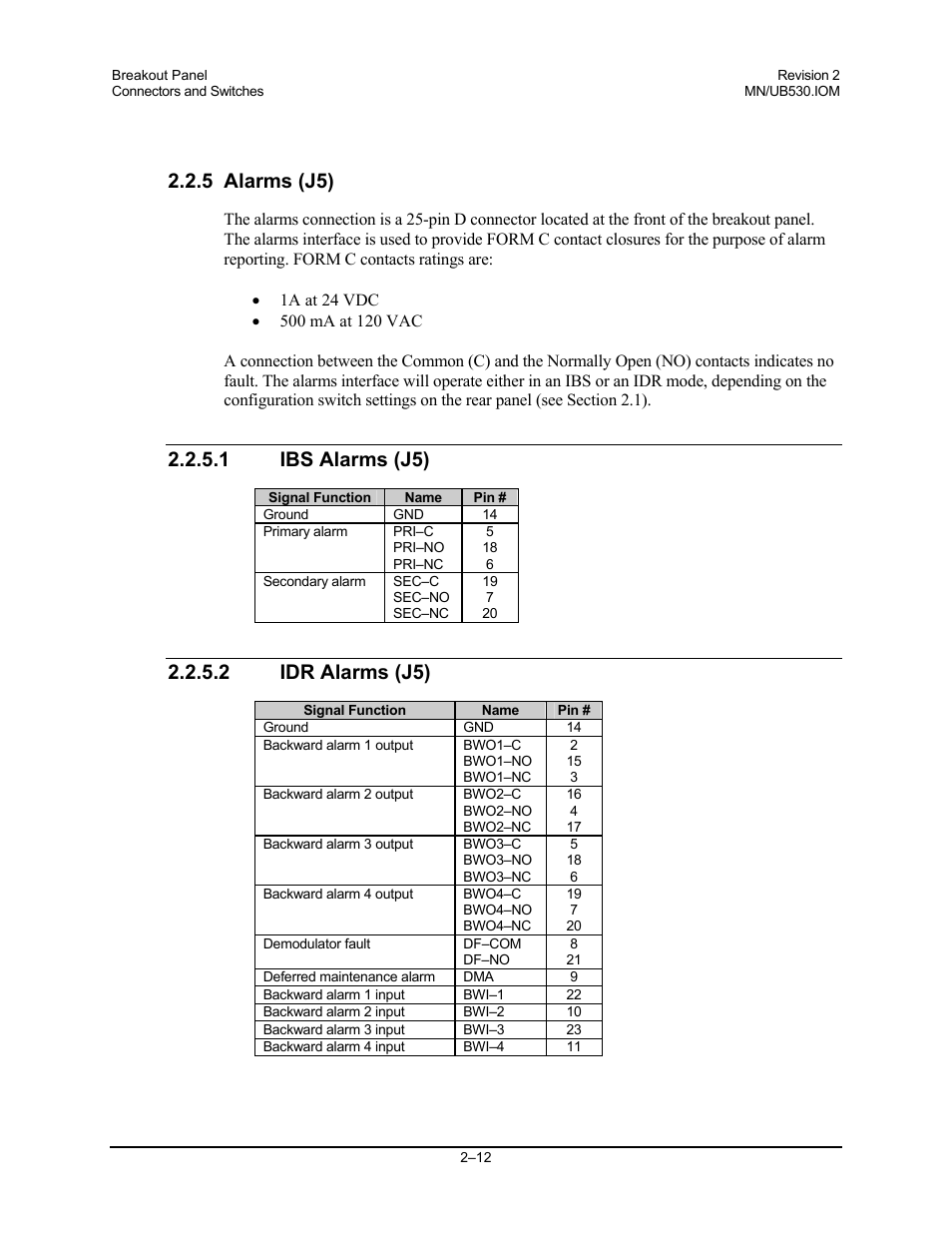 Alarms (j5), Ibs alarms (j5), Idr alarms (j5) | 5 alarms (j5), 1 ibs alarms (j5), 2 idr alarms (j5) | Comtech EF Data UB-530 User Manual | Page 24 / 28