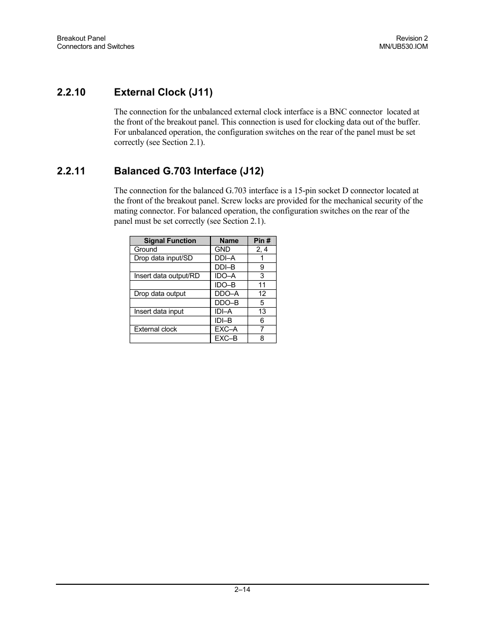 External clock (j11), Balanced g.703 interface (j12), 10 external clock (j11) | Comtech EF Data UB-530 User Manual | Page 26 / 28