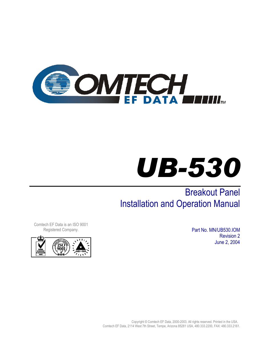 Ub-530, Breakout panel installation and operation manual | Comtech EF Data UB-530 User Manual | Page 3 / 28