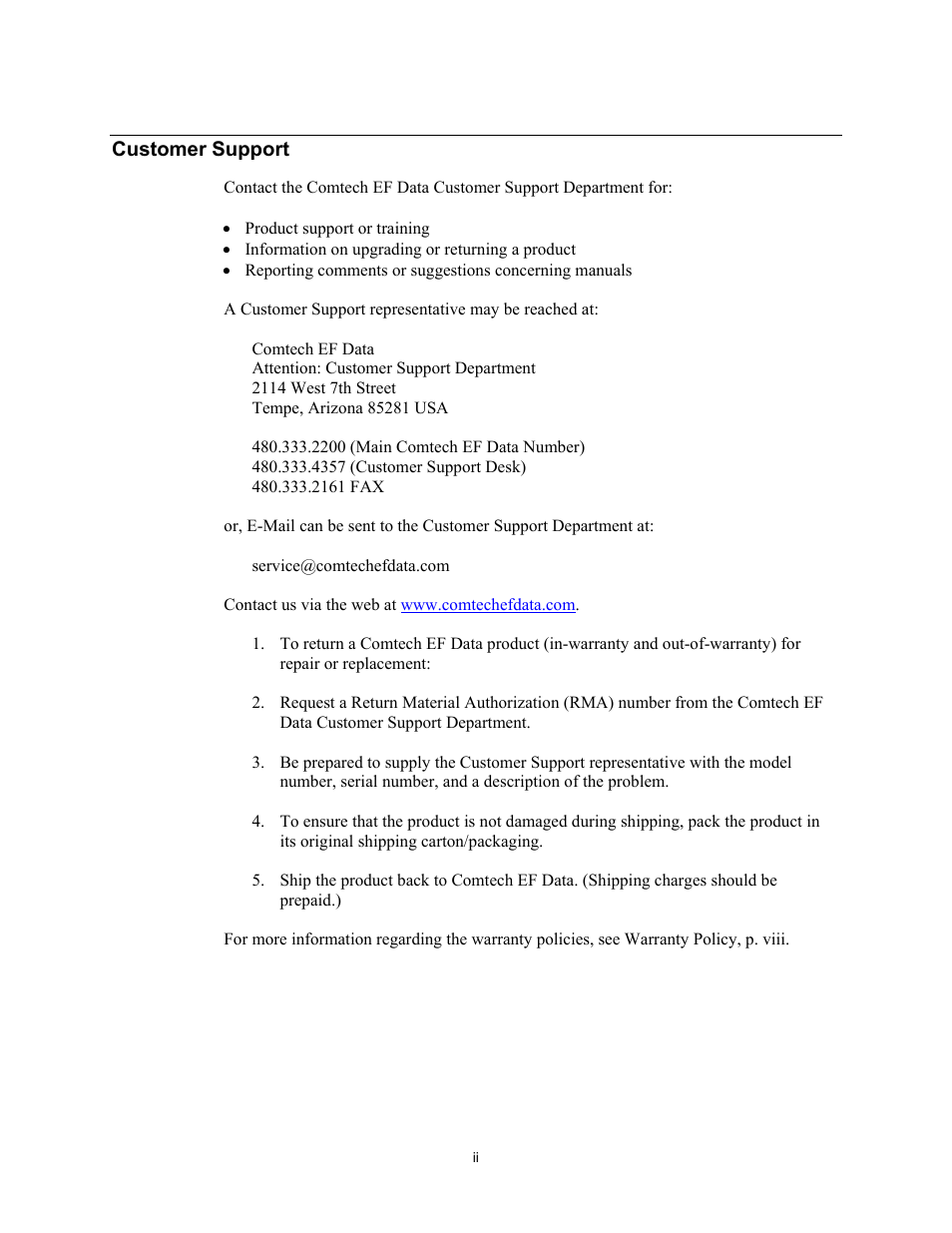 Customer support | Comtech EF Data UB-530 User Manual | Page 4 / 28