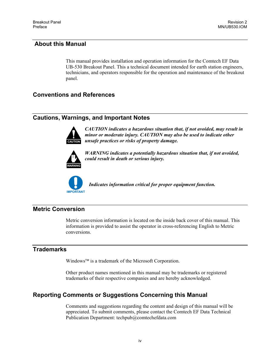 About this manual, Conventions and references, Cautions, warnings, and important notes | Metric conversion, Trademarks | Comtech EF Data UB-530 User Manual | Page 6 / 28