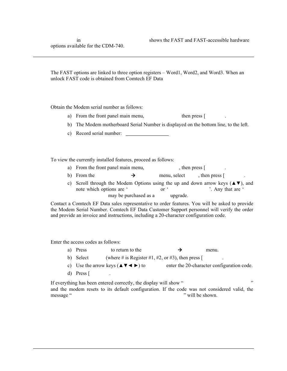 B.2 fast activation procedure, B.2.1 serial number, B.2.2 view currently installed features | B.2.3 enter access codes | Comtech EF Data CDM-740 User Manual | Page 140 / 150