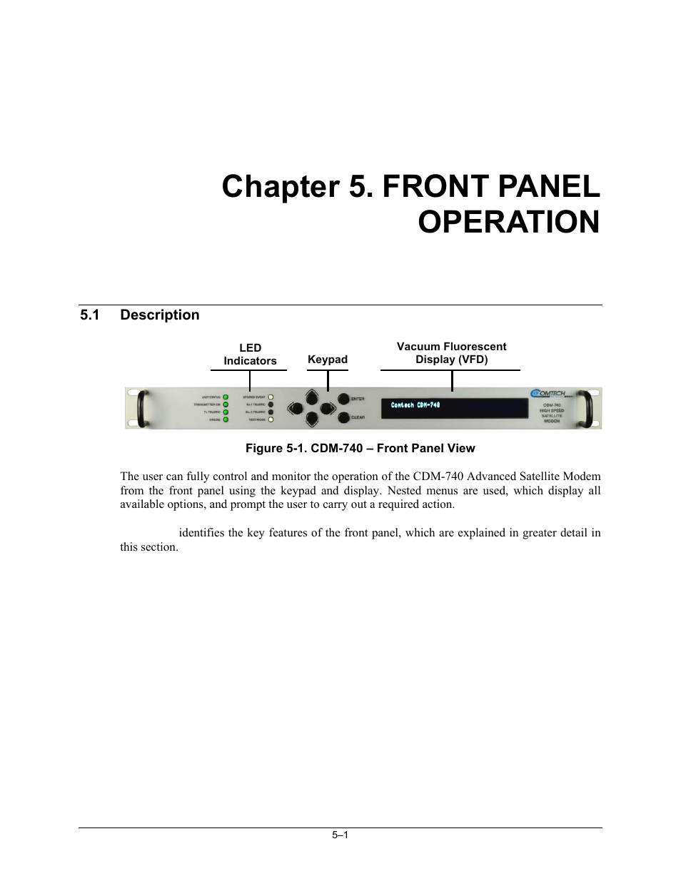 Chapter 5. front panel operation, 1 description | Comtech EF Data CDM-740 User Manual | Page 53 / 150