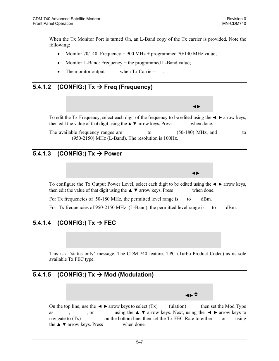 2 (config:) tx ( freq (frequency), 3 (config:) tx ( power, 4 (config:) tx ( fec | 5 (config:) tx ( mod (modulation) | Comtech EF Data CDM-740 User Manual | Page 59 / 150