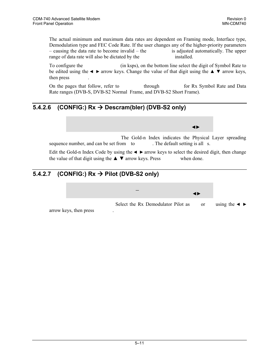 6 (config:) rx ( descram(bler) (dvb-s2 only), 7 (config:) rx ( pilot (dvb-s2 only) | Comtech EF Data CDM-740 User Manual | Page 63 / 150