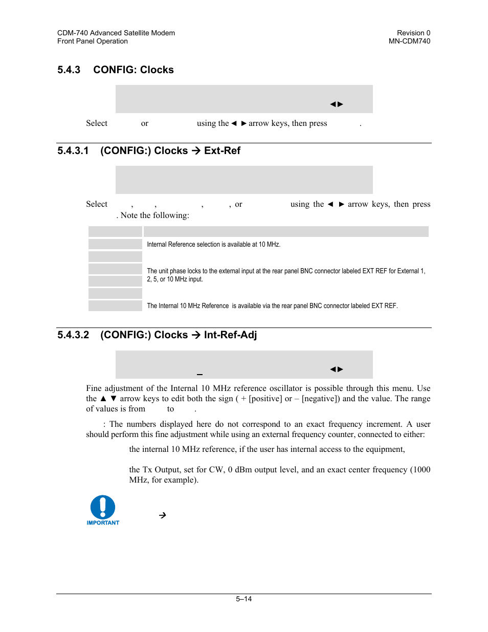 3 config: clocks, 1 (config:) clocks ( ext-ref, 2 (config:) clocks ( int-ref-adj | 1 (config:) clocks æ ext-ref, 2 (config:) clocks æ int-ref-adj | Comtech EF Data CDM-740 User Manual | Page 66 / 150