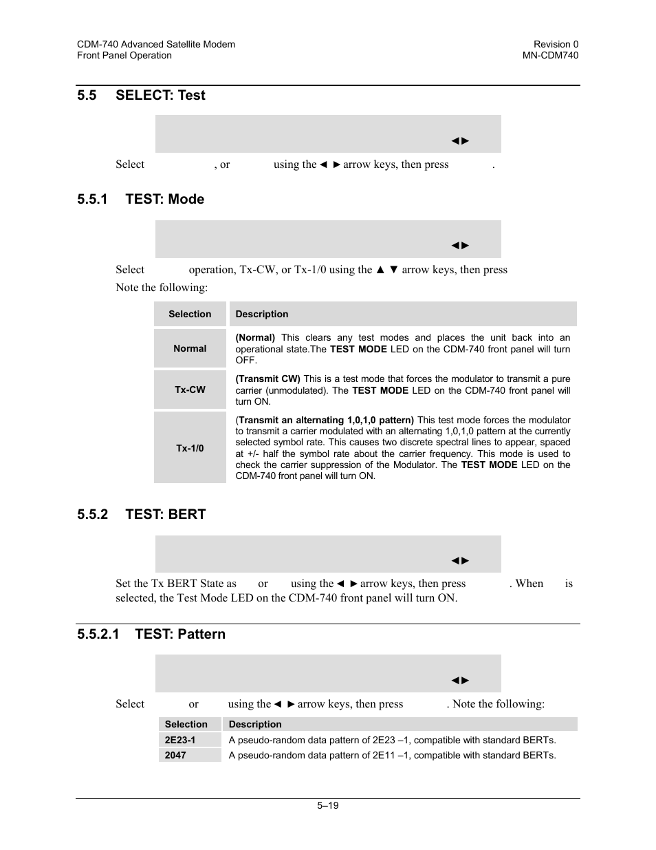 5 select: test, 1 test: mode, 2 test: bert | 1 test: pattern | Comtech EF Data CDM-740 User Manual | Page 71 / 150