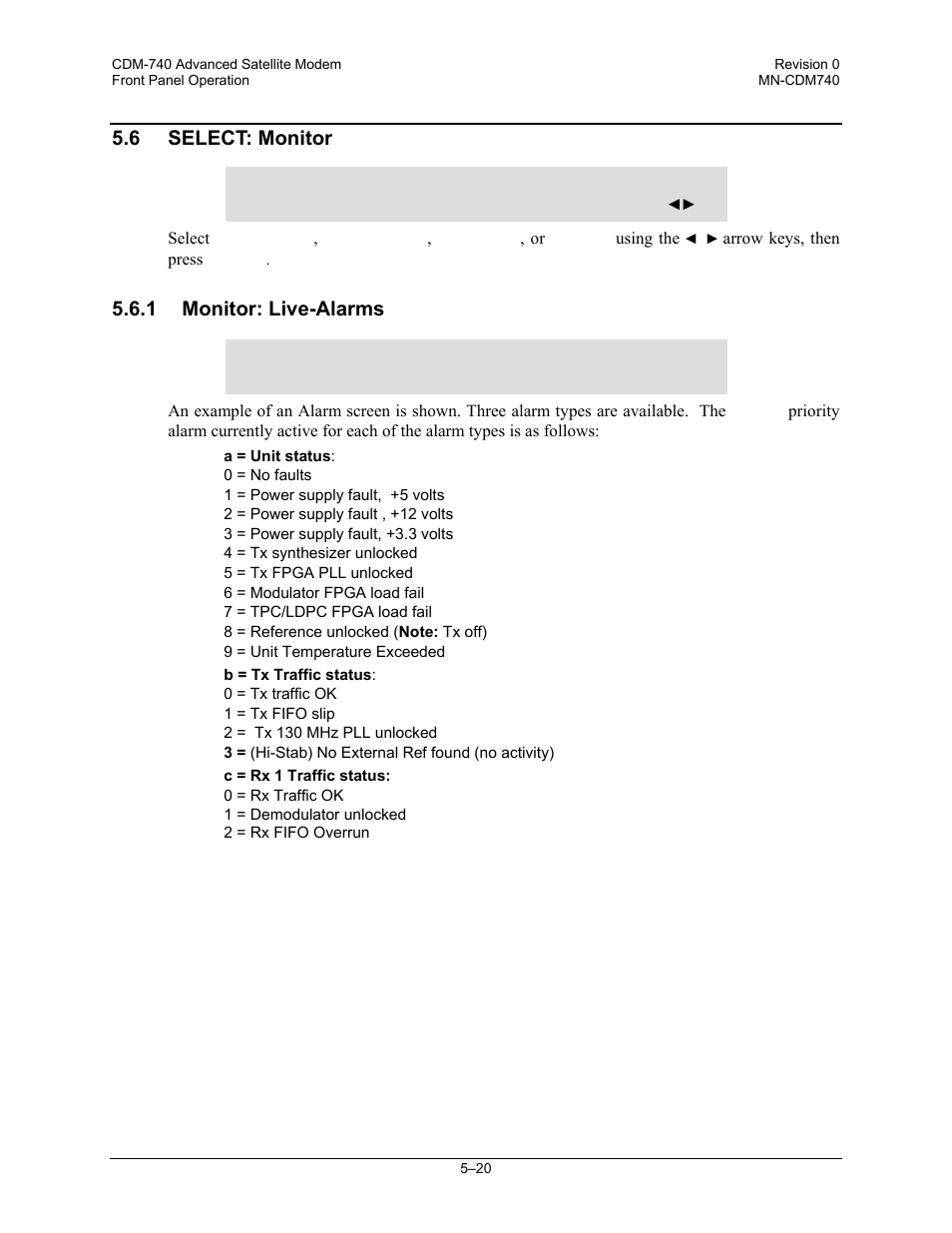 6 select: monitor, 1 monitor: live-alarms | Comtech EF Data CDM-740 User Manual | Page 72 / 150