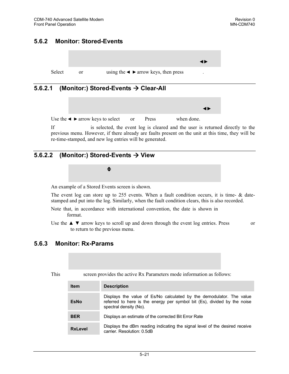 2 monitor: stored-events, 1 (monitor:) stored-events ( clear-all, 2 (monitor:) stored-events ( view | 3 monitor: rx-params, 1 (monitor:) stored-events æ clear-all, 2 (monitor:) stored-events æ view | Comtech EF Data CDM-740 User Manual | Page 73 / 150