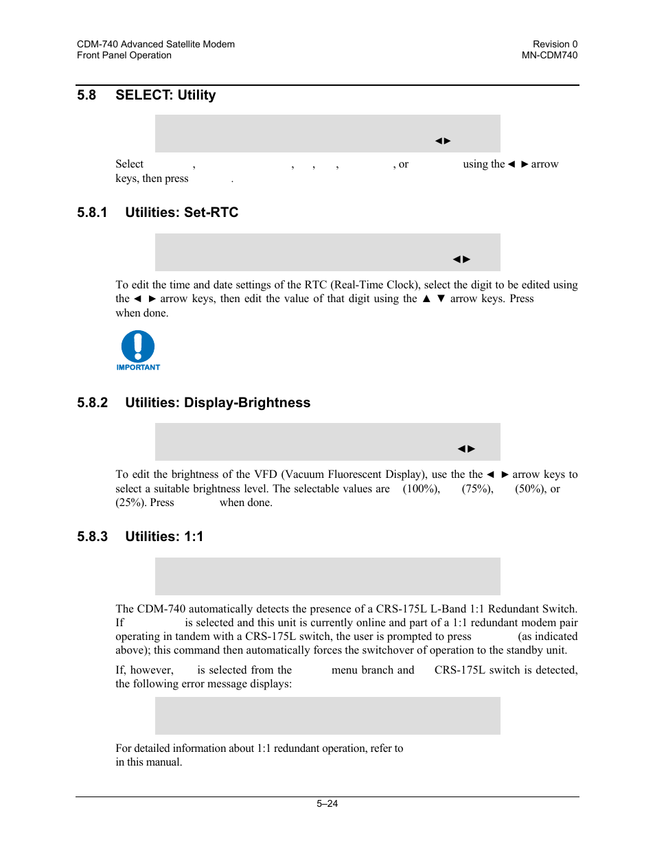 8 select: utility, 1 utilities: set-rtc, 2 utilities: display-brightness | 3 utilities: 1:1 | Comtech EF Data CDM-740 User Manual | Page 76 / 150
