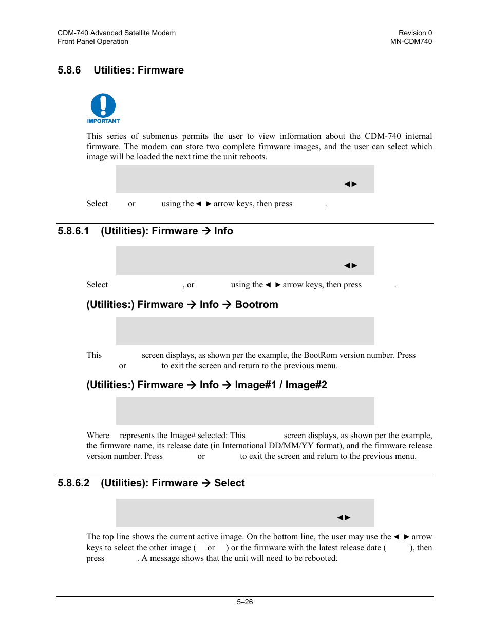 6 utilities: firmware, 1 (utilities): firmware ( info, 2 (utilities): firmware ( select | Comtech EF Data CDM-740 User Manual | Page 78 / 150