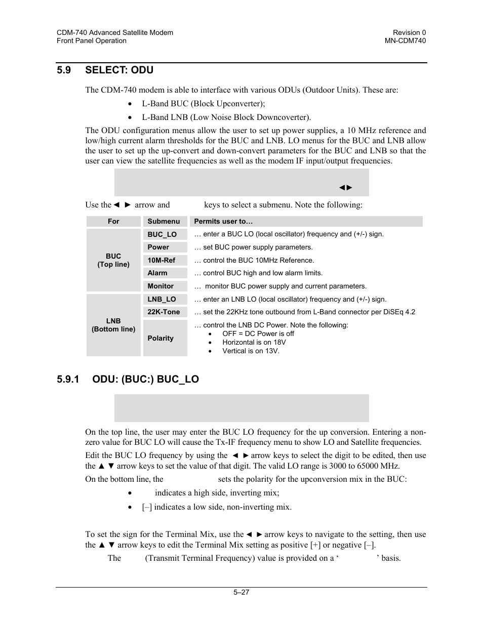 9 select: odu, 1 odu: (buc:) buc_lo | Comtech EF Data CDM-740 User Manual | Page 79 / 150