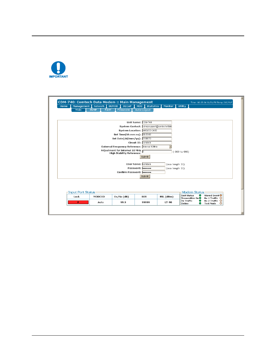 2 management pages, 1 management | main page | Comtech EF Data CDM-740 User Manual | Page 91 / 150