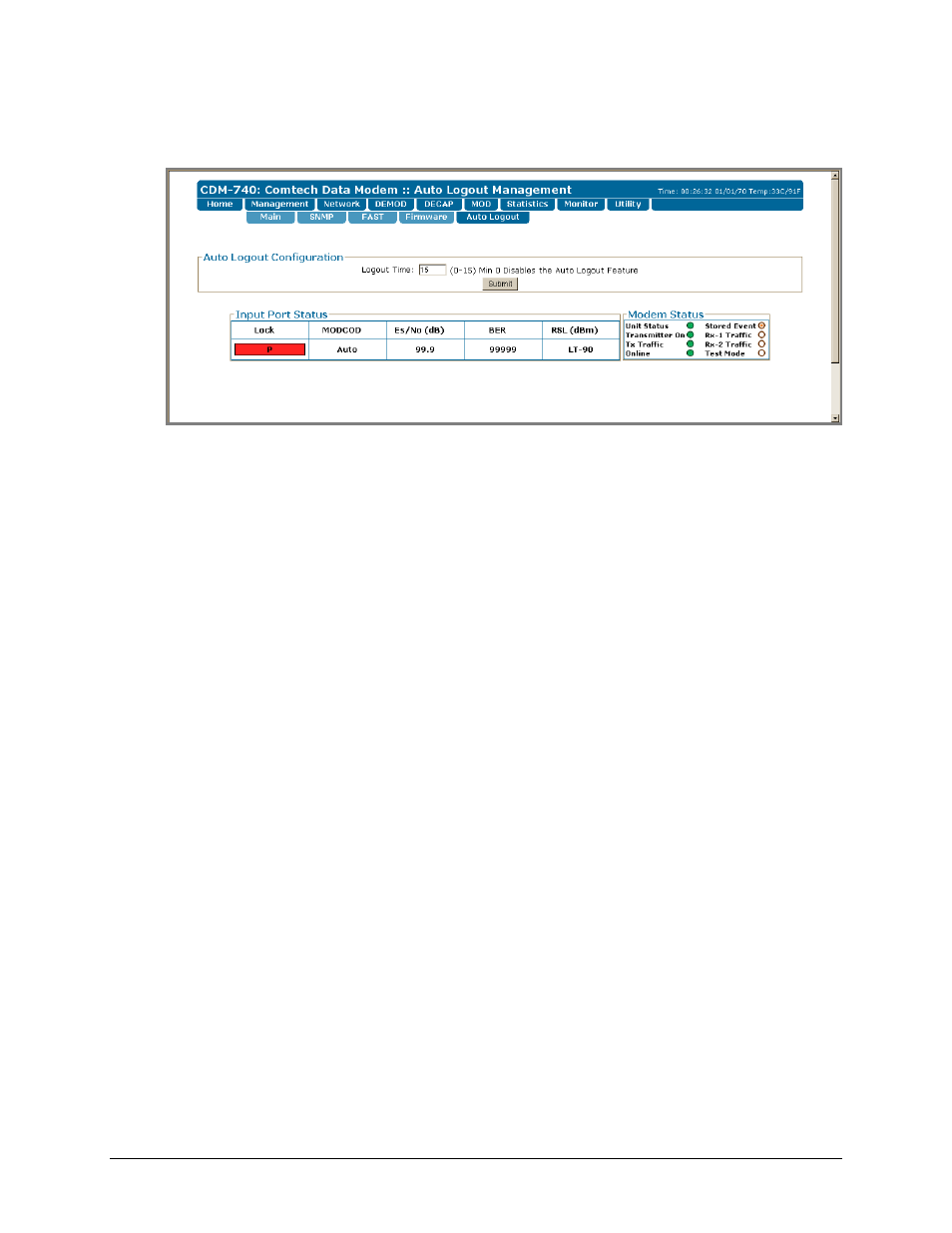 5 management | auto logout page | Comtech EF Data CDM-740 User Manual | Page 96 / 150