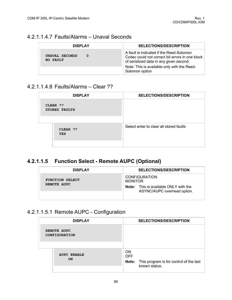 7 faults/alarms – unaval seconds, 8 faults/alarms – clear, 5 function select - remote aupc (optional) | 1 remote aupc - configuration | Comtech EF Data CDM-IP 300L User Manual | Page 106 / 354