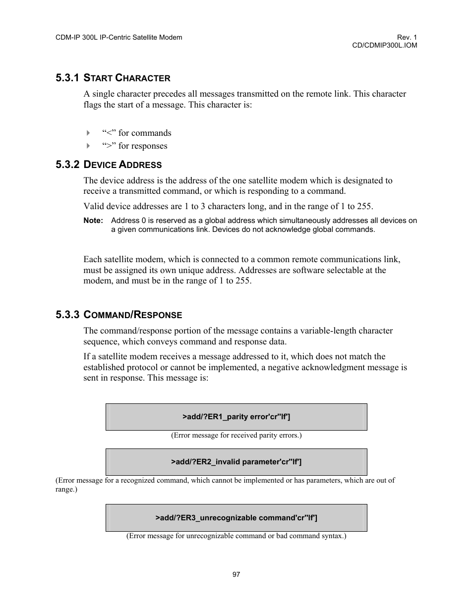 1 start, Character, 2 device | Address, 3 command/response | Comtech EF Data CDM-IP 300L User Manual | Page 123 / 354