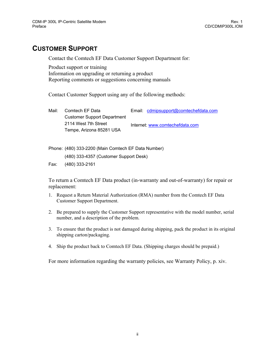 Customer support | Comtech EF Data CDM-IP 300L User Manual | Page 14 / 354