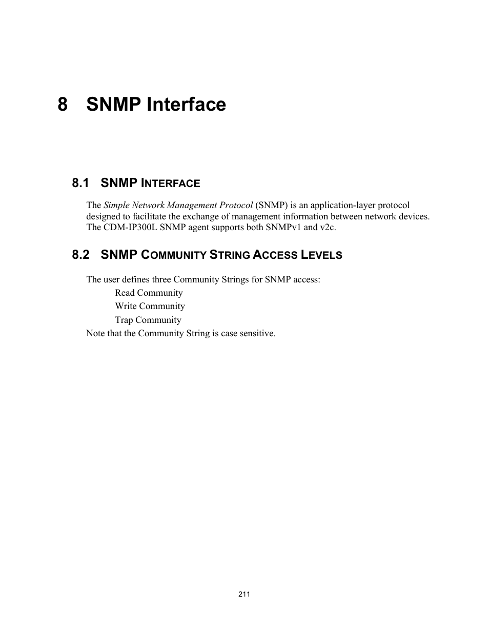 Snmp interface, Snmp community string access levels, 8 snmp interface | Comtech EF Data CDM-IP 300L User Manual | Page 237 / 354