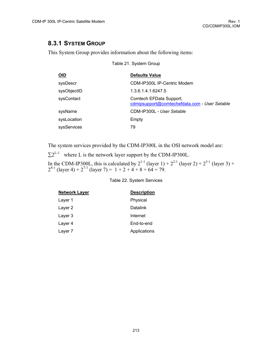 1 system, Group, Table 21. system group table 22. system services | Comtech EF Data CDM-IP 300L User Manual | Page 239 / 354