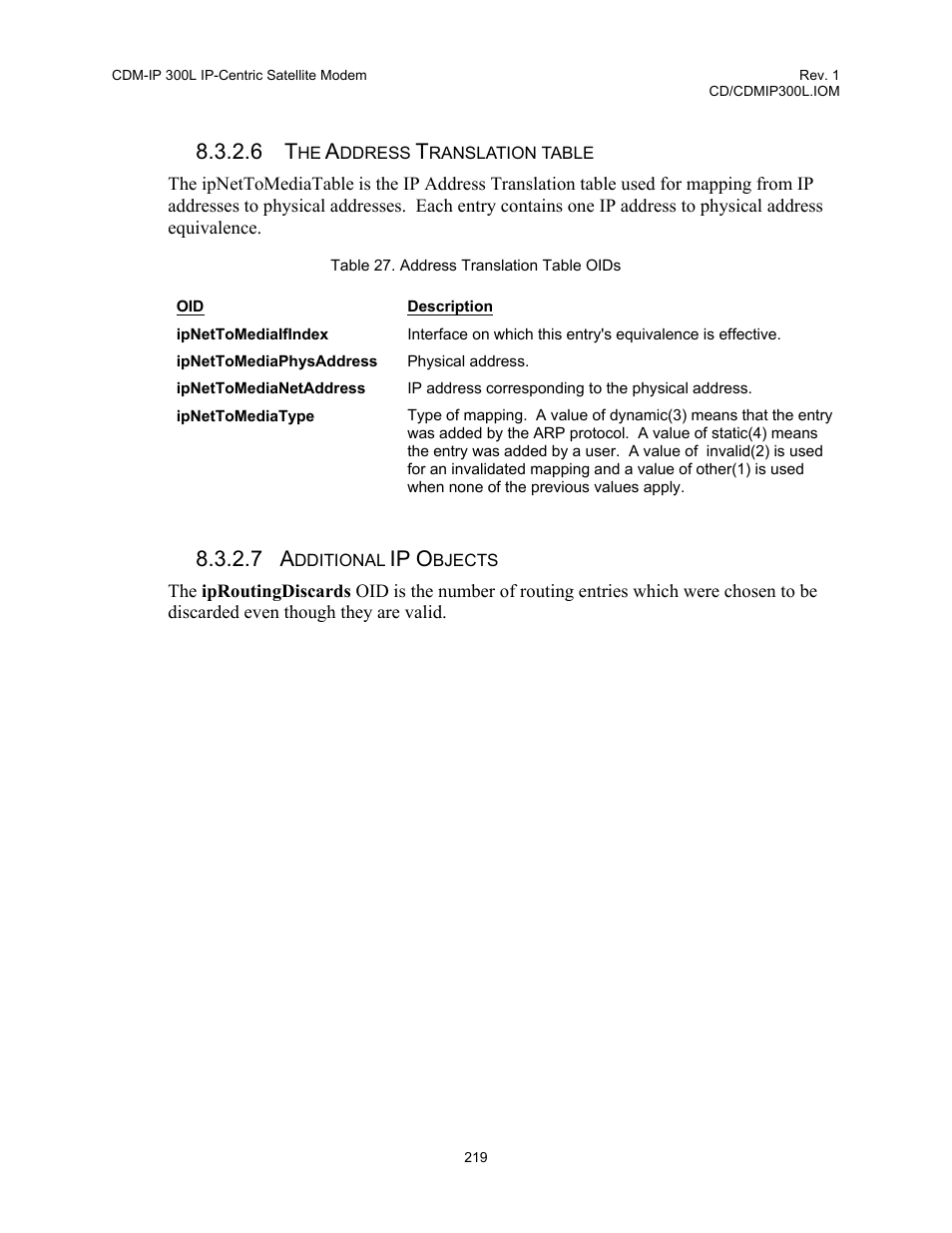 Table 27. address translation table oids, Ip o | Comtech EF Data CDM-IP 300L User Manual | Page 245 / 354