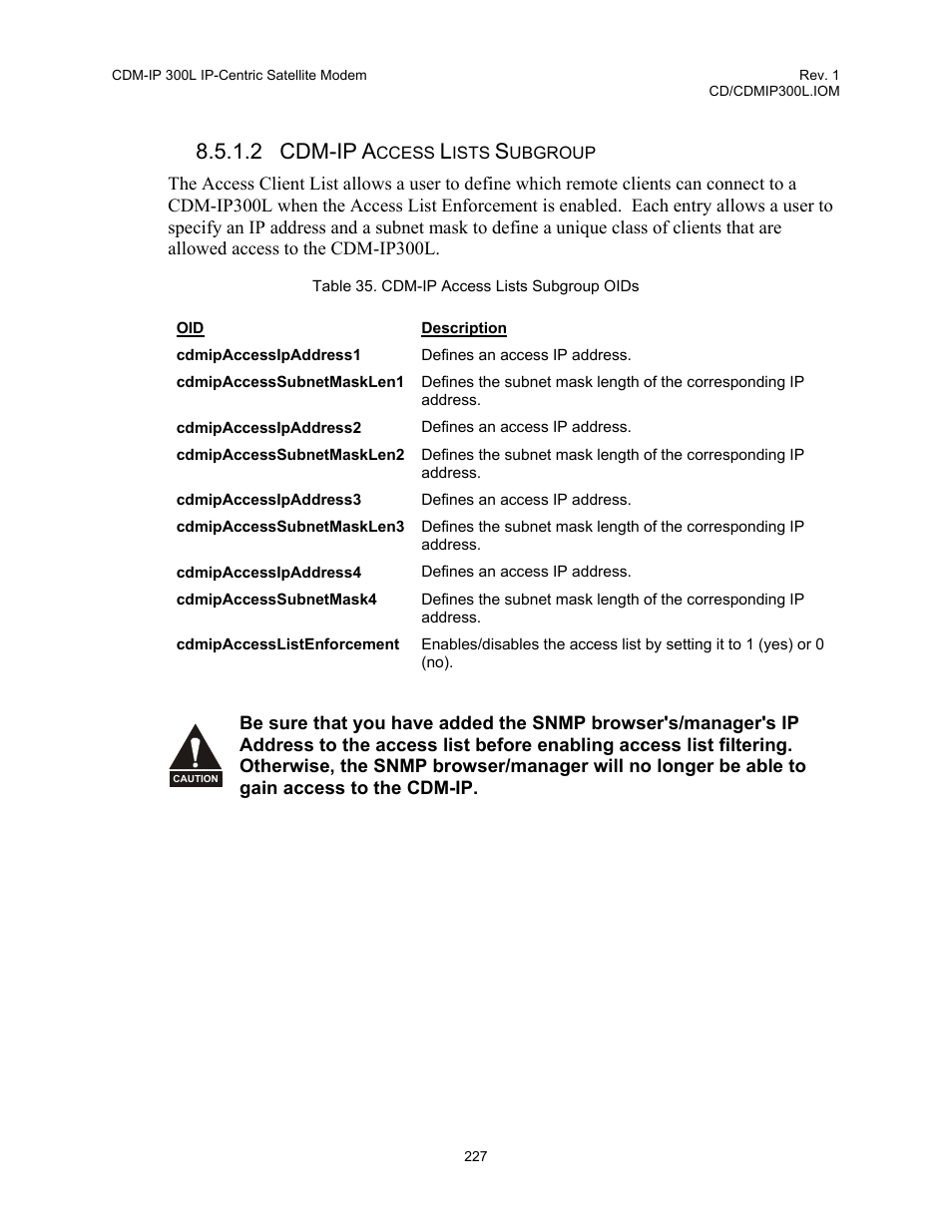 Table 35. cdm-ip access lists subgroup oids, 2 cdm-ip a | Comtech EF Data CDM-IP 300L User Manual | Page 253 / 354