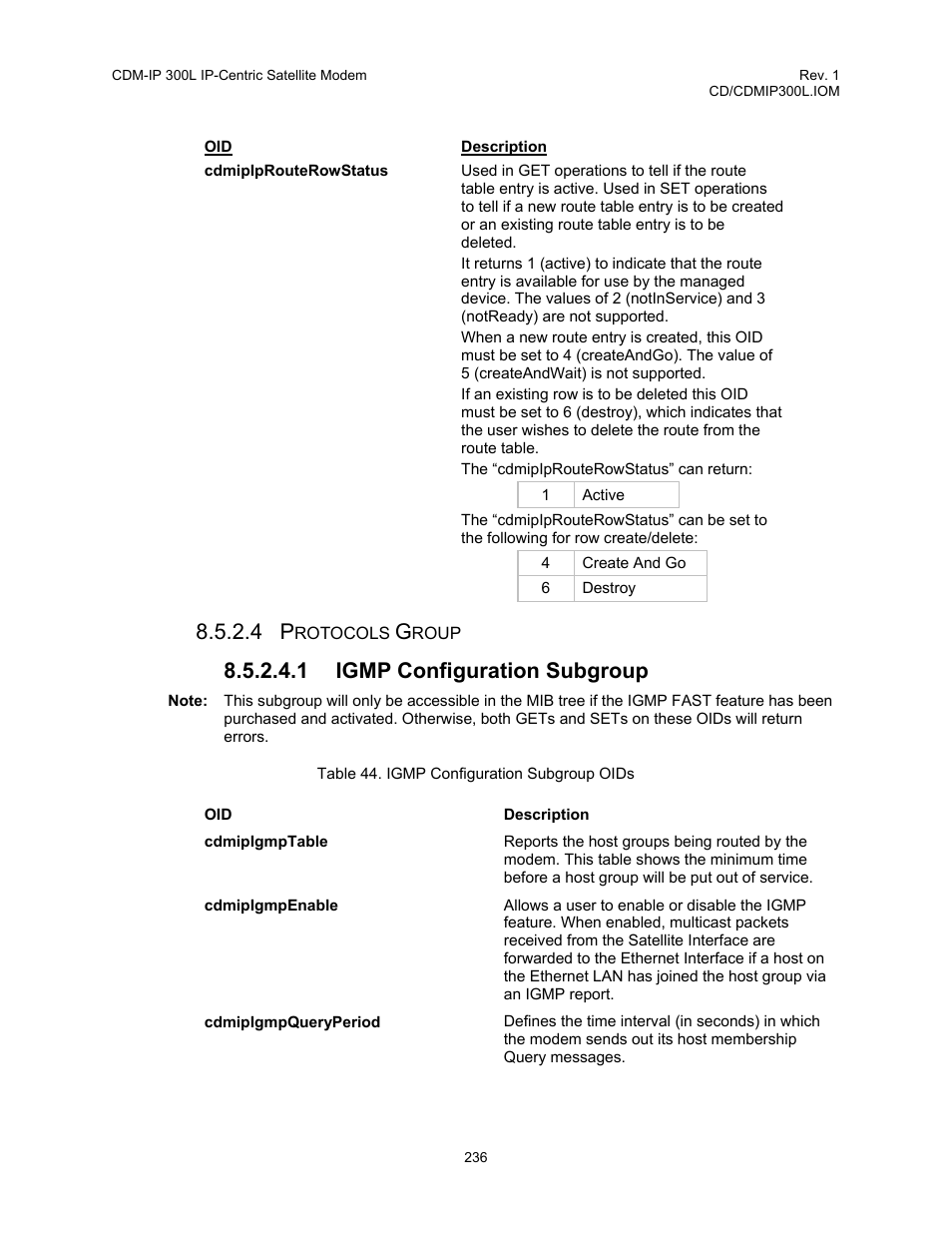 Table 44. igmp configuration subgroup oids, 1 igmp configuration subgroup | Comtech EF Data CDM-IP 300L User Manual | Page 262 / 354