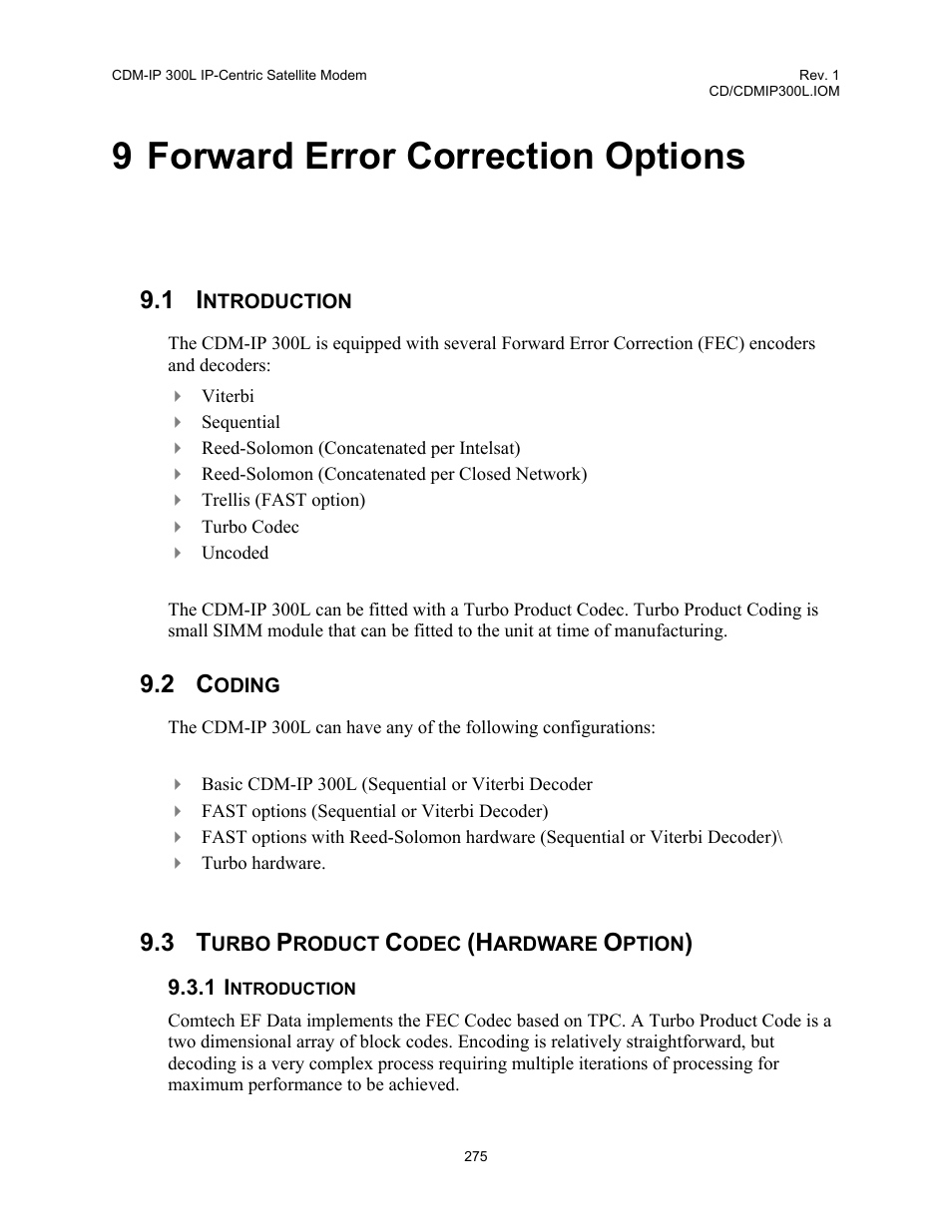 Forward error correction options, Introduction, Coding | Turbo product codec (hardware option), 1 introduction, 9 forward error correction options | Comtech EF Data CDM-IP 300L User Manual | Page 301 / 354