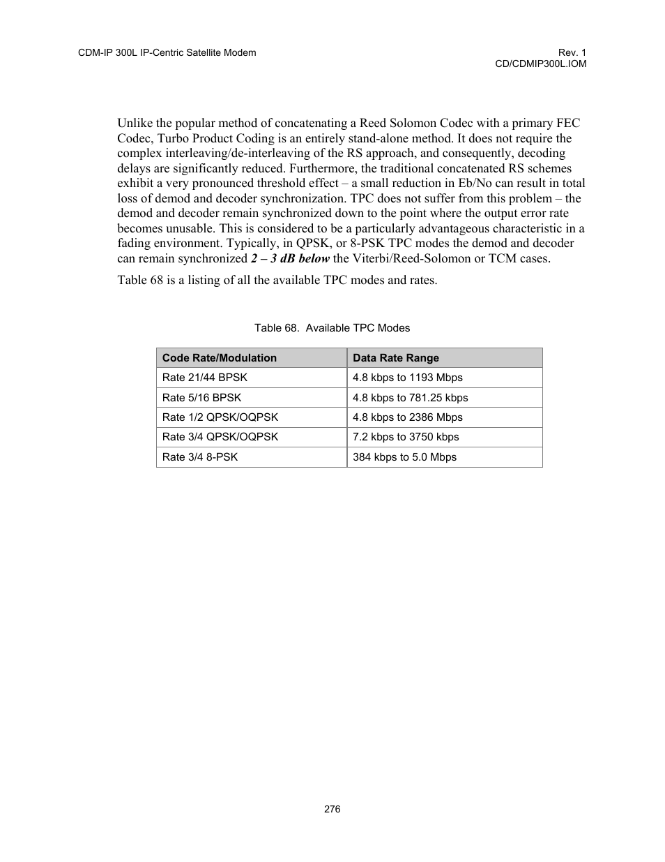 Table 68. available tpc modes | Comtech EF Data CDM-IP 300L User Manual | Page 302 / 354