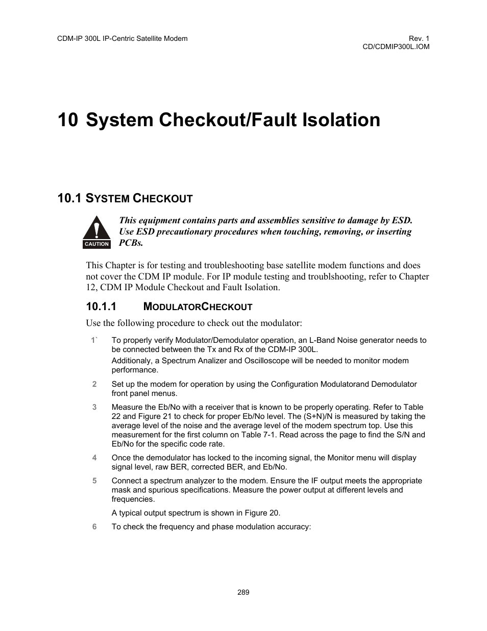 System checkout/fault isolation, 1 system checkout, 1 modulatorcheckout | 10 system checkout/fault isolation | Comtech EF Data CDM-IP 300L User Manual | Page 315 / 354