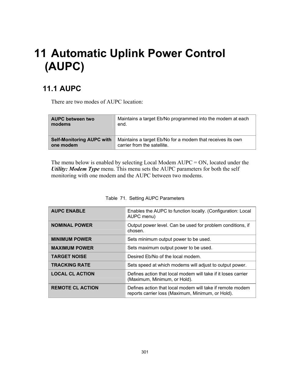 Automatic uplink power control, Automatic uplink power control (aupc), 1 aupc | Table 71. setting aupc parameters, 11 automatic uplink power control (aupc) | Comtech EF Data CDM-IP 300L User Manual | Page 327 / 354