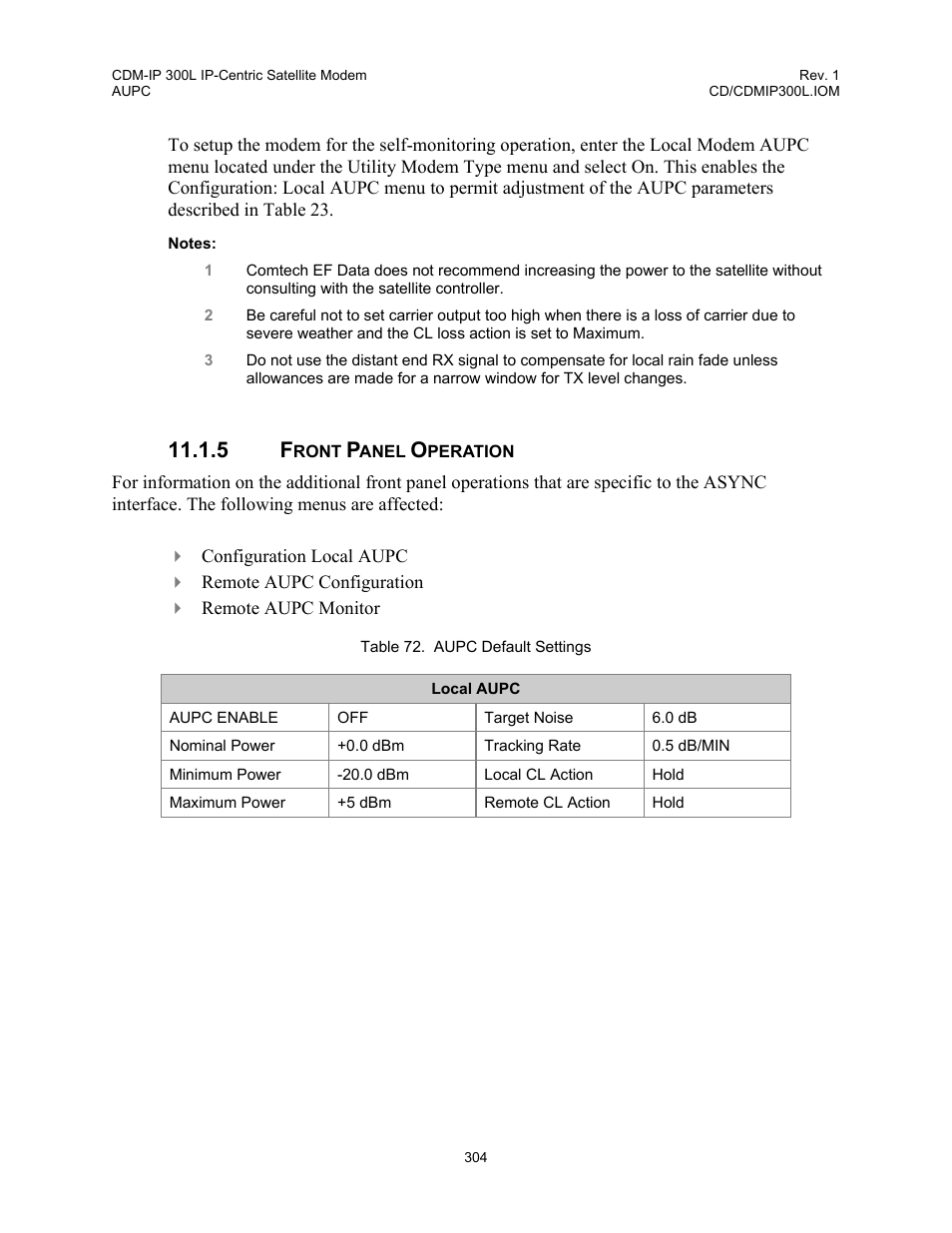 Table 72. aupc default settings | Comtech EF Data CDM-IP 300L User Manual | Page 330 / 354