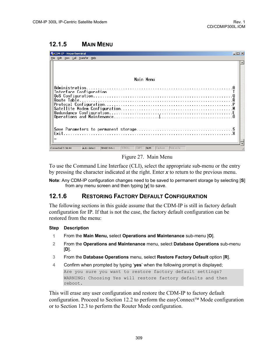 5 main, Menu, Restoring factory default configuration | Figure 27. main menu | Comtech EF Data CDM-IP 300L User Manual | Page 335 / 354