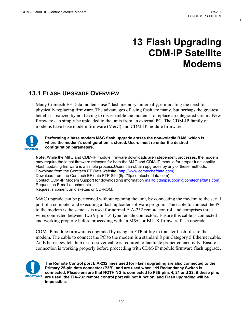 Flash upgrading cdm-ip satellite modems, 1 flash upgrade overview, 13 flash upgrading cdm-ip satellite modems | Comtech EF Data CDM-IP 300L User Manual | Page 345 / 354