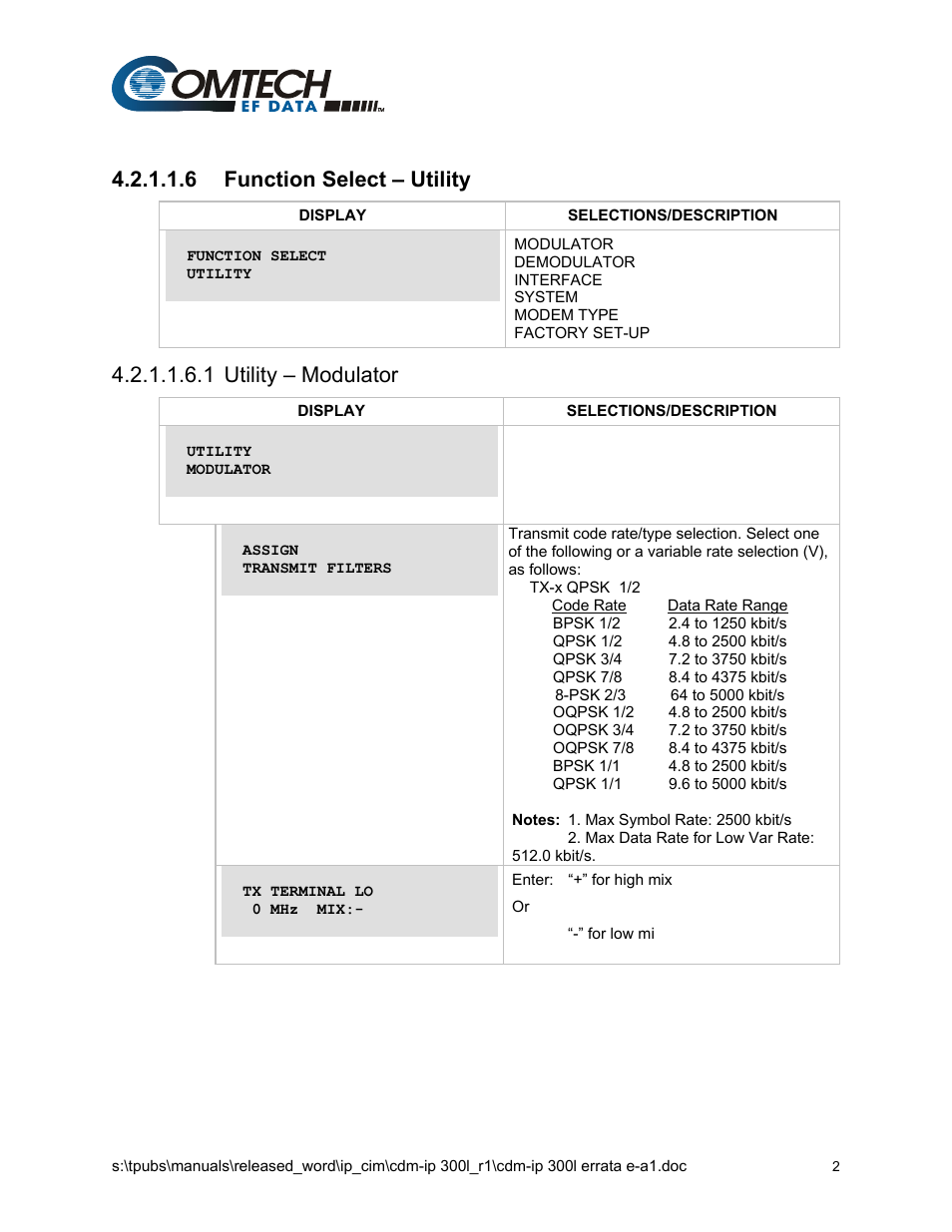 6 function select – utility, 1 utility – modulator | Comtech EF Data CDM-IP 300L User Manual | Page 4 / 354