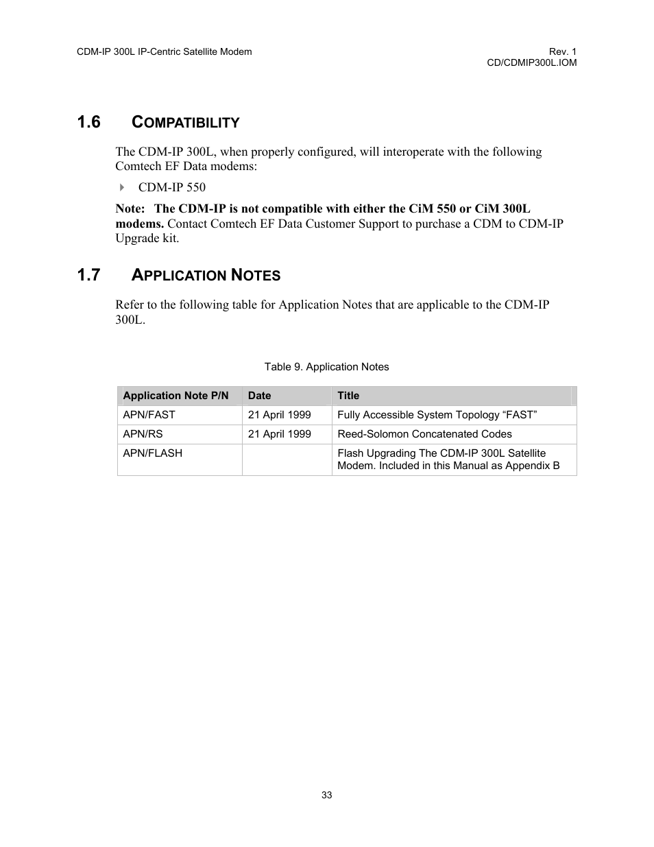 Compatibility, Application notes, Table 9. application notes | Comtech EF Data CDM-IP 300L User Manual | Page 61 / 354