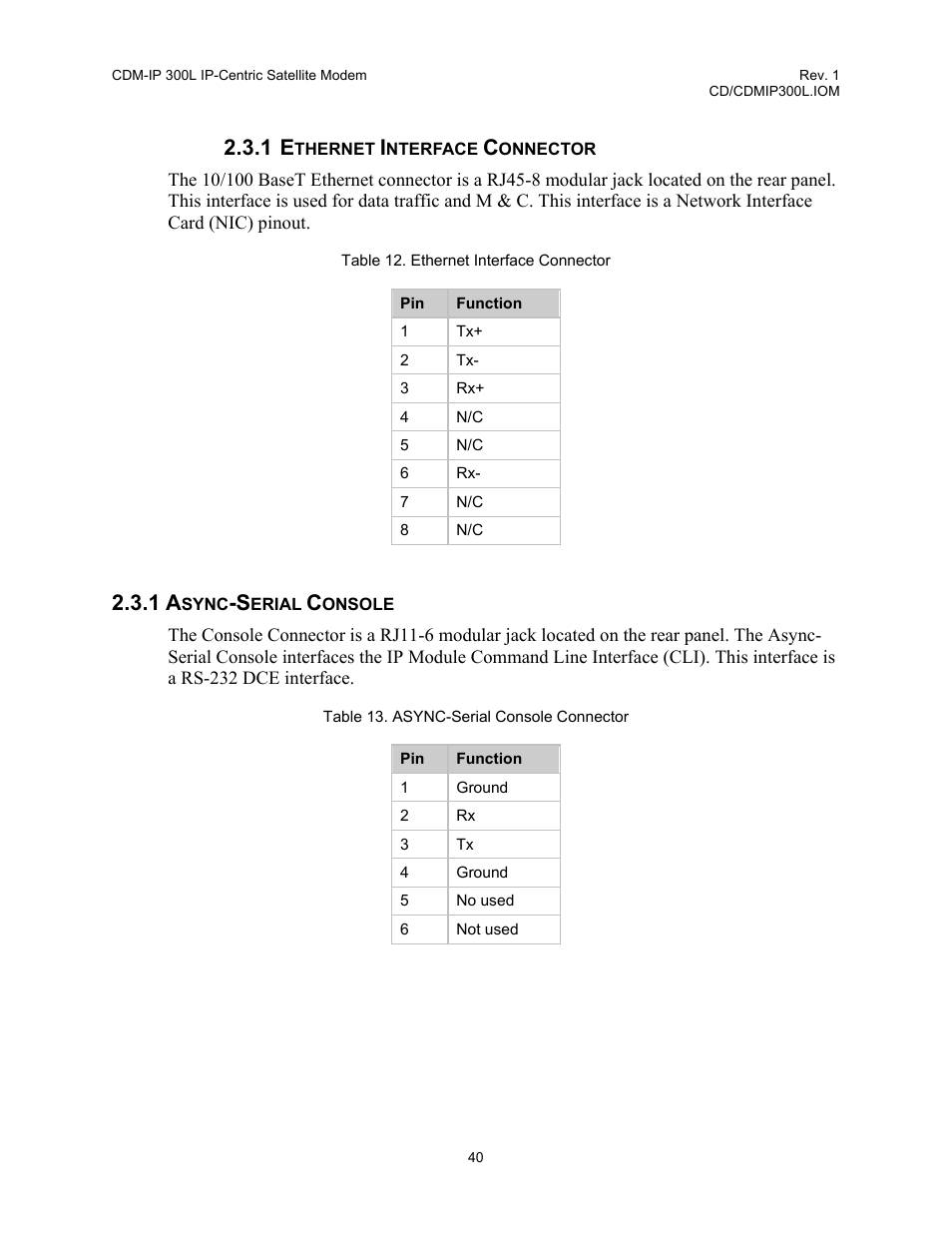 Ethernet interface connector, 1 async-serial console | Comtech EF Data CDM-IP 300L User Manual | Page 67 / 354