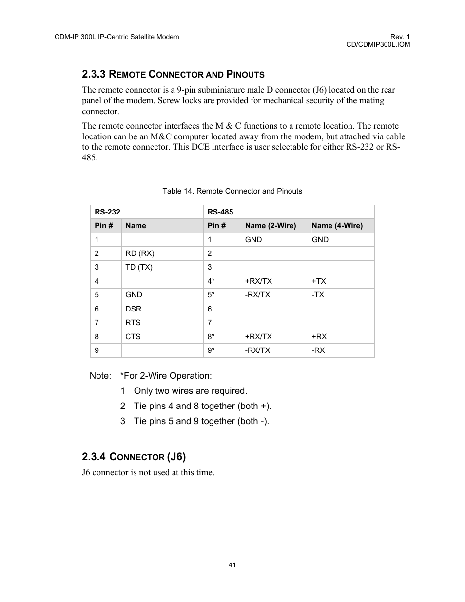 3 remote connector and pinouts 2.3.4 connector, Table 14. remote connector and pinouts | Comtech EF Data CDM-IP 300L User Manual | Page 68 / 354