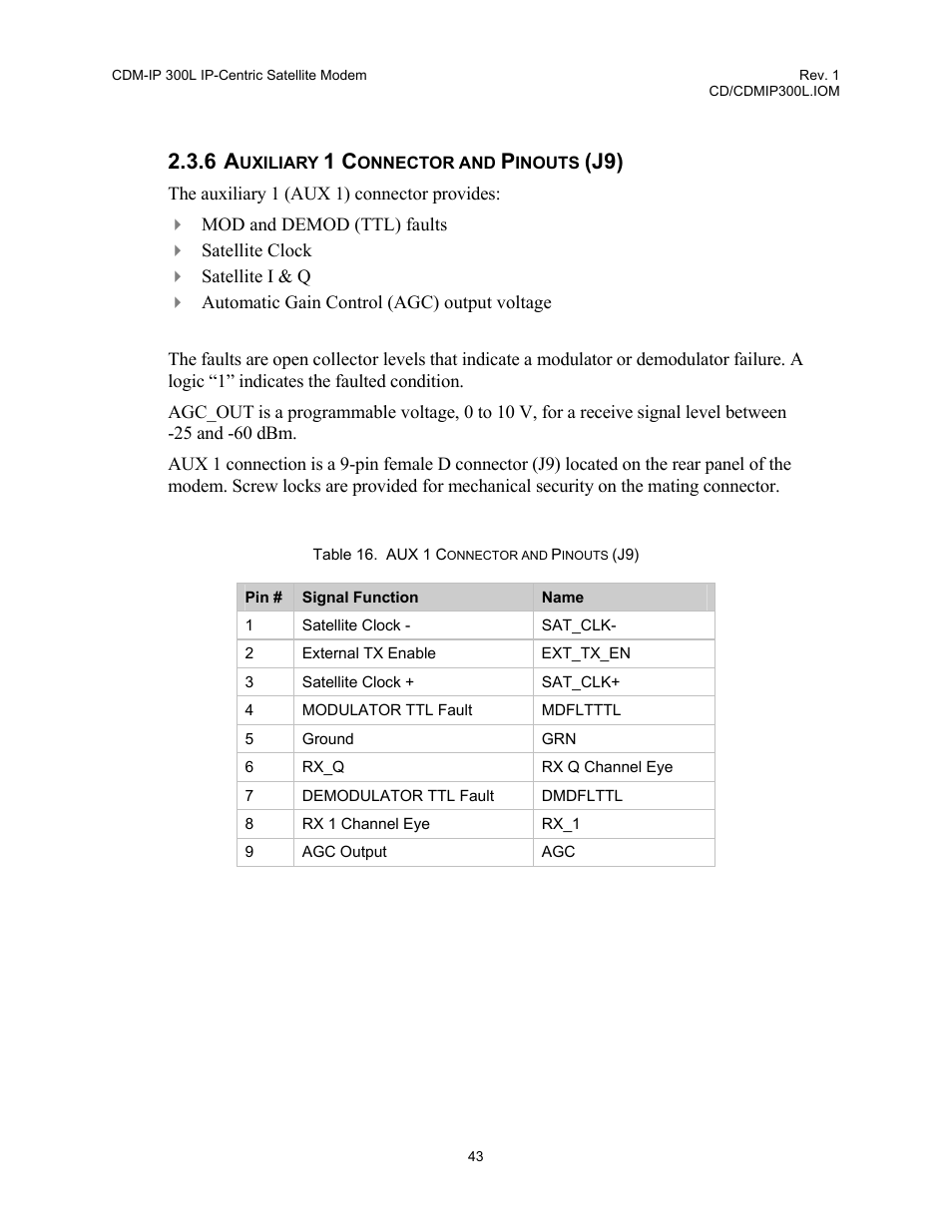 Auxiliary 1 connector and pinouts (j9), Table 16. aux 1 c, Onnector and | Inouts | Comtech EF Data CDM-IP 300L User Manual | Page 70 / 354