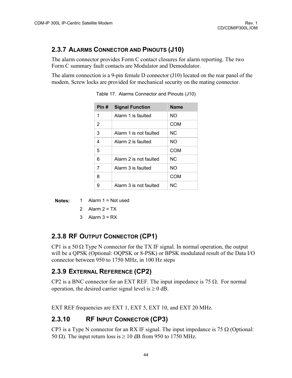 Alarms connector and pinouts (j10), Rf output connector (cp1), 9 external | Reference, Cp2), Rf input connector (cp3), Table 17. alarms connector and pinouts (j10), J10), 8 rf o, Cp1) | Comtech EF Data CDM-IP 300L User Manual | Page 71 / 354