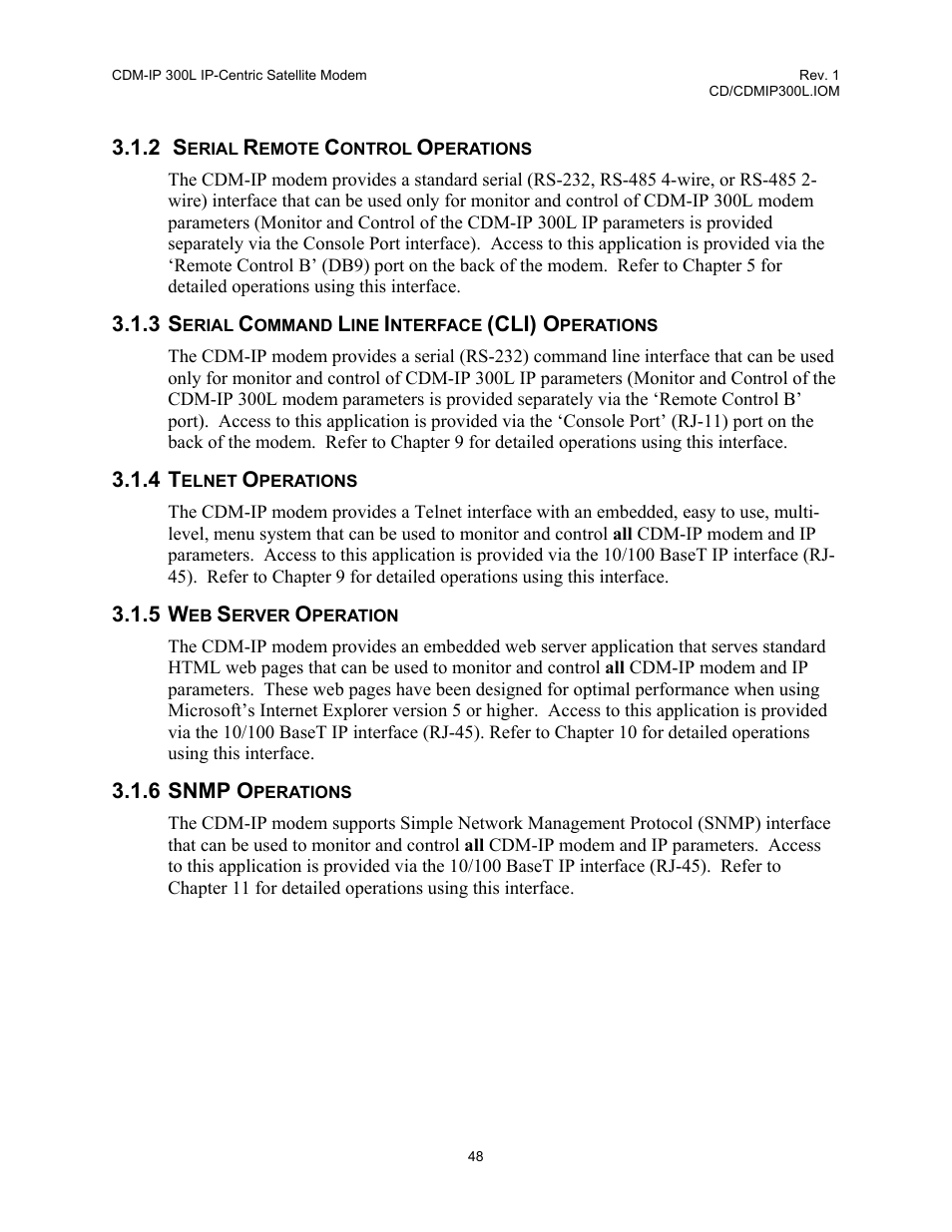 Serial remote control operations, Serial command line interface (cli) operations, 4 telnet | Operations, 5 web, Server, Operation, 6 snmp | Comtech EF Data CDM-IP 300L User Manual | Page 74 / 354