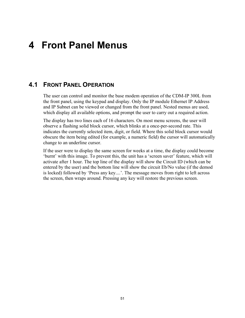 Front panel menus, Front panel operation, 4 front panel menus | Comtech EF Data CDM-IP 300L User Manual | Page 77 / 354