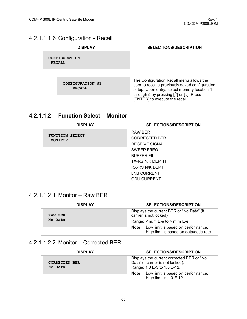 6 configuration - recall, 2 function select – monitor, 1 monitor – raw ber | 2 monitor – corrected ber | Comtech EF Data CDM-IP 300L User Manual | Page 92 / 354