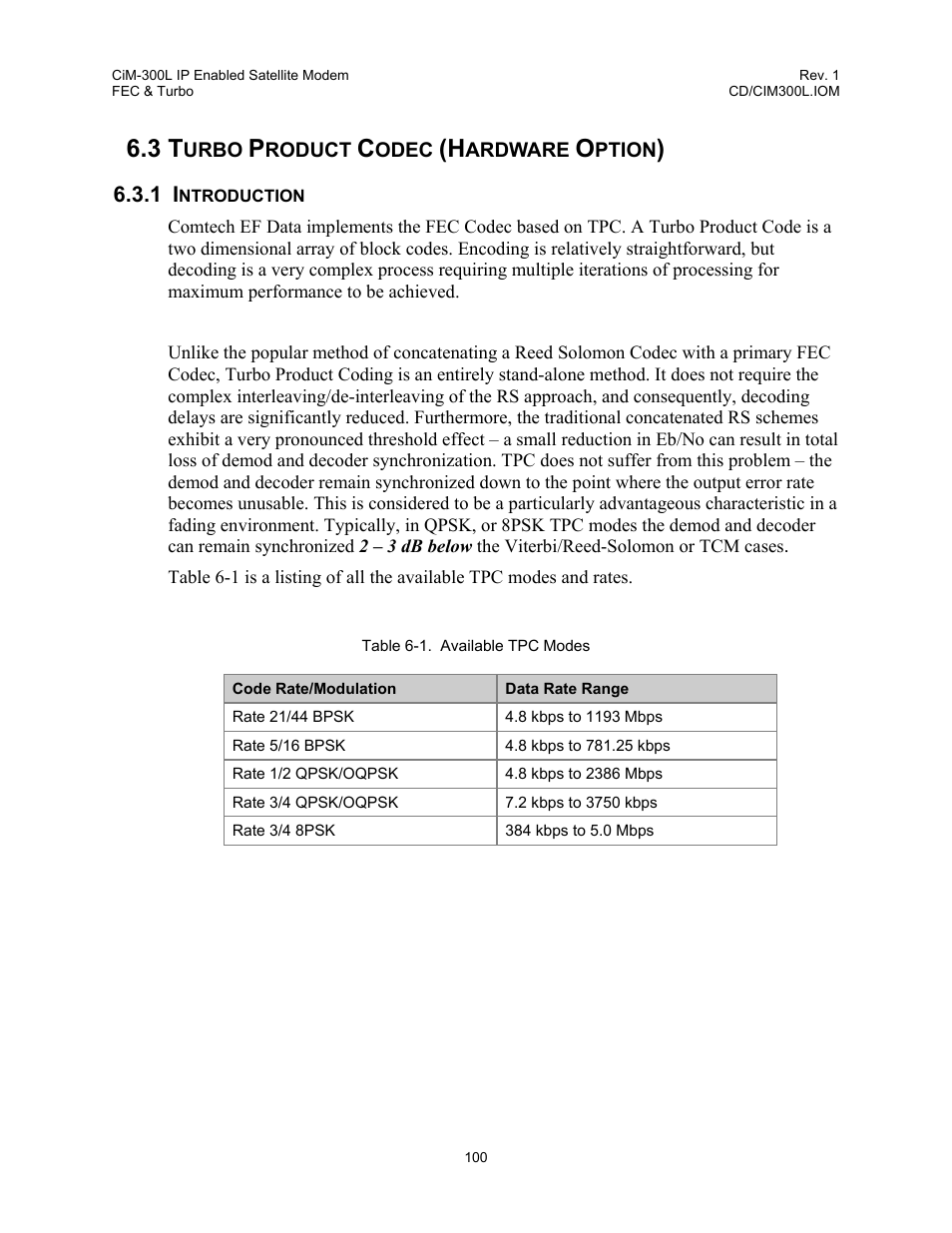 Turbo product codec (hardware option), Introduction, 3 turbo product codec (hardware option) | 1 introduction, Table 6-1. available tpc modes, Turbo product codec (hardware option) 100 | Comtech EF Data CIM-300L User Manual | Page 126 / 512