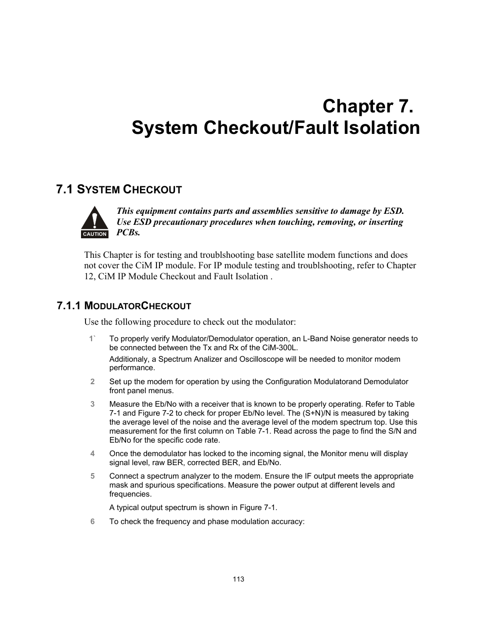 7 system checkout/fault isolation, 1 system checkout, Modulatorcheckout | Chapter 7. system checkout/fault isolation, 1 modulatorcheckout | Comtech EF Data CIM-300L User Manual | Page 139 / 512