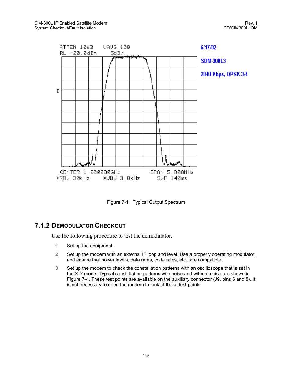 Demodulator checkout, 2 demodulator checkout, Figure 7-1. typical output spectrum | Comtech EF Data CIM-300L User Manual | Page 141 / 512