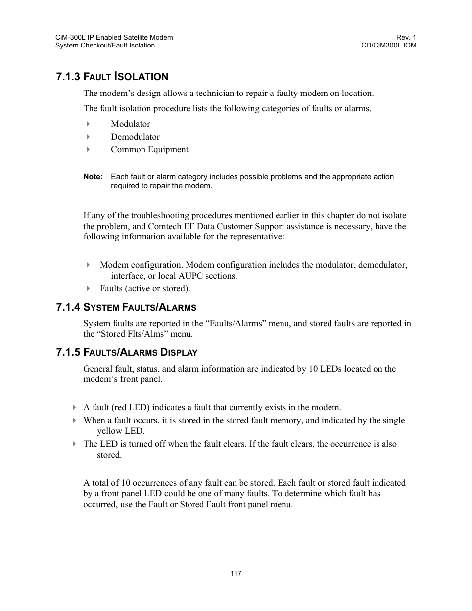 Fault isolation, System faults/alarms, Faults/alarms display | 3 fault, Isolation, 4 system faults/alarms 7.1.5 faults/alarms display | Comtech EF Data CIM-300L User Manual | Page 143 / 512