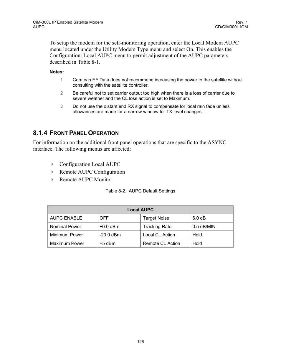 Table 8-2. aupc default settings | Comtech EF Data CIM-300L User Manual | Page 152 / 512